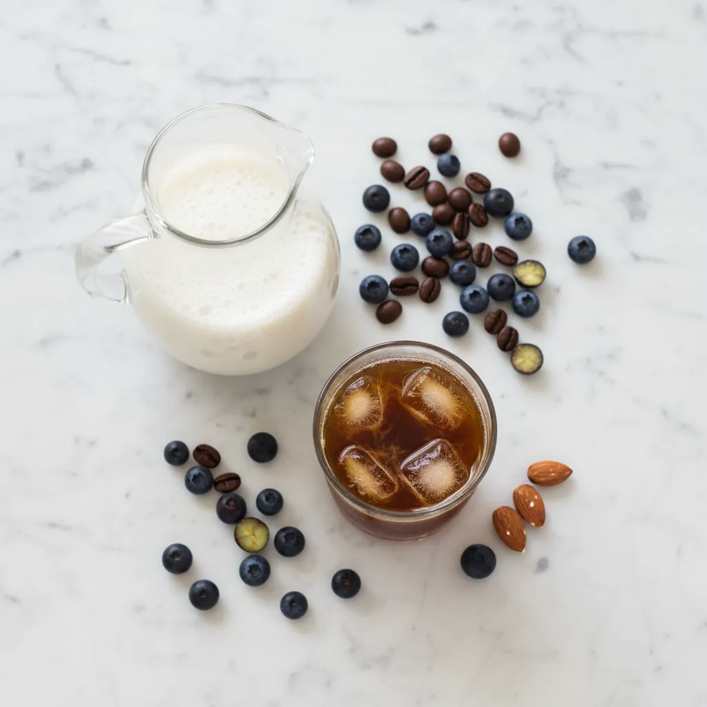 Ingredients including almond milk and blueberries for a healthy iced coffee order
