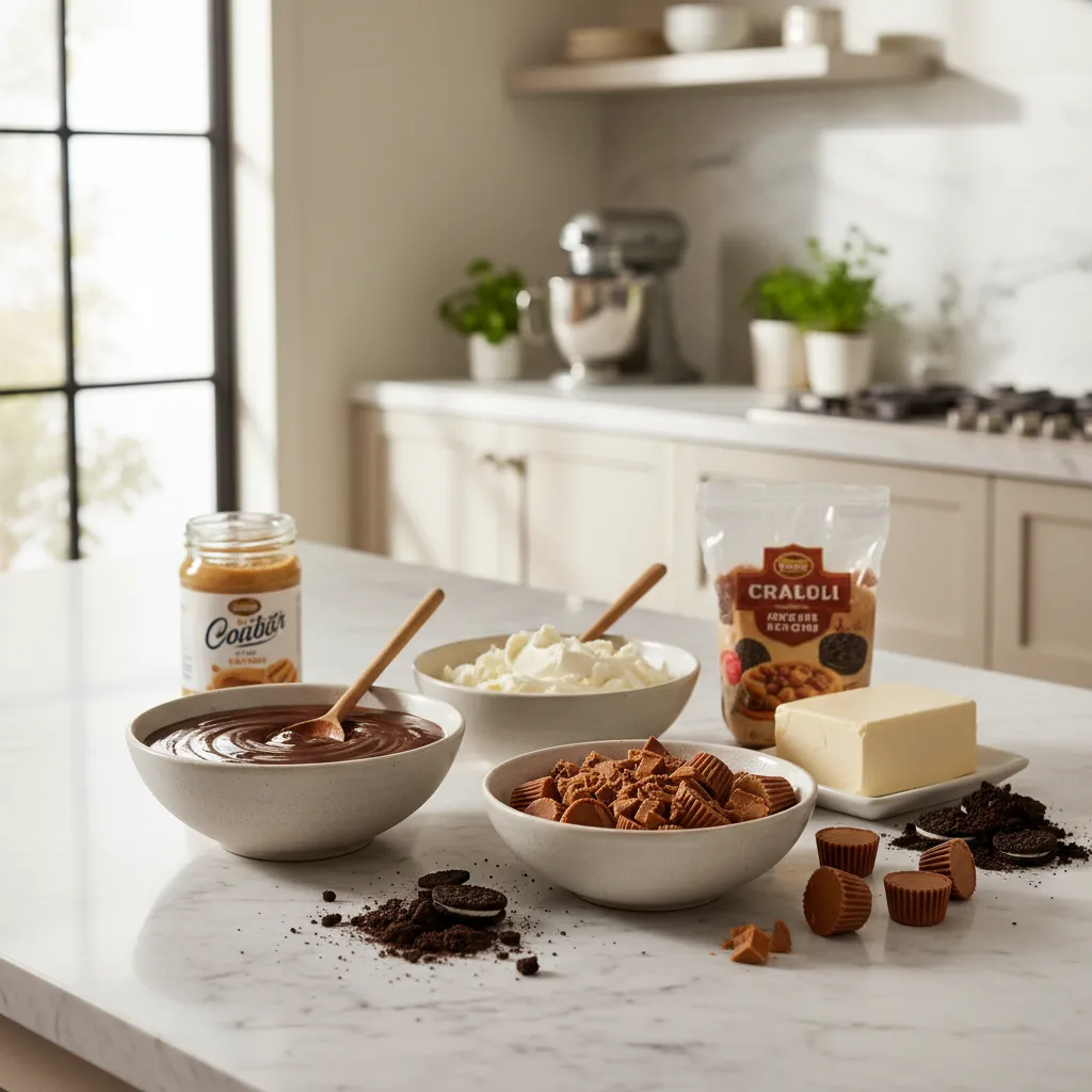 Baking ingredients for peanut butter chocolate dessert on marble counter