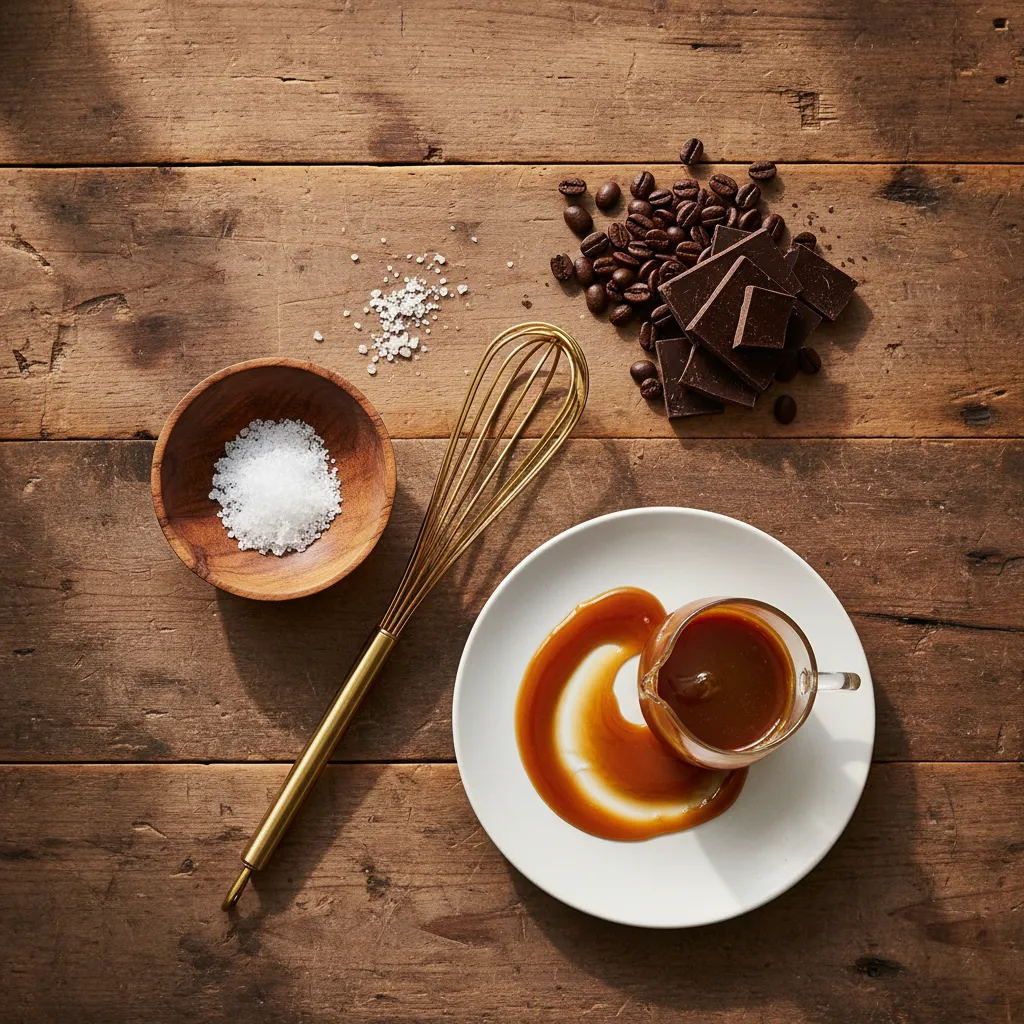 Flat lay of sea salt dark chocolate and espresso beans on wood table