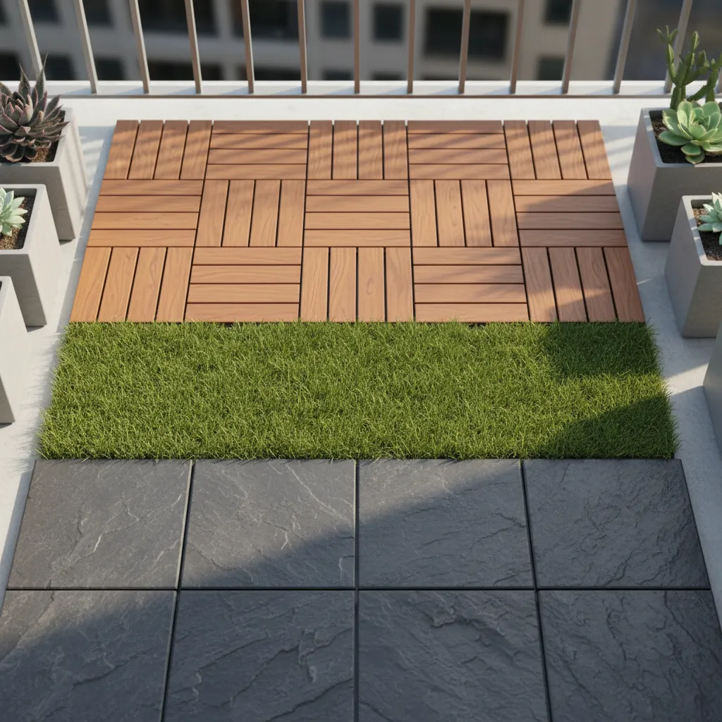 Comparison of different textures and materials for interlocking balcony deck tiles.