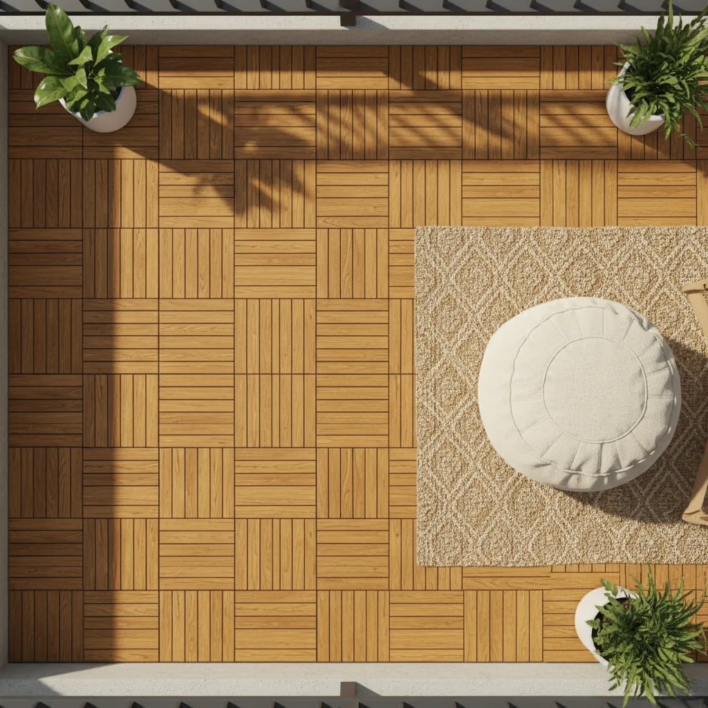 Close up of wood interlocking deck tiles on an apartment balcony