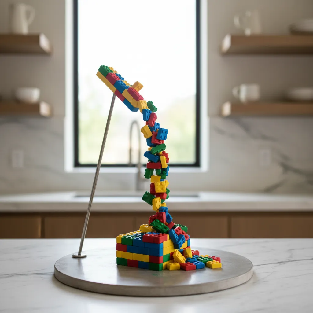 Detail shot of the internal rod and angled support system used to create a floating cake illusion with fondant bricks.