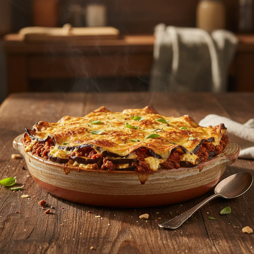 Baked keto eggplant lasagna in rustic ceramic dish on wooden table