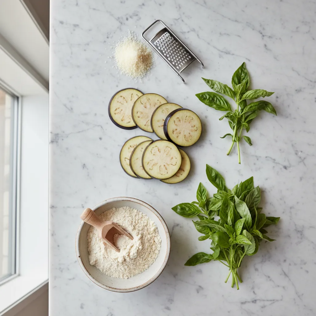 Almond flour and fresh eggplant slices arranged on a marble counter