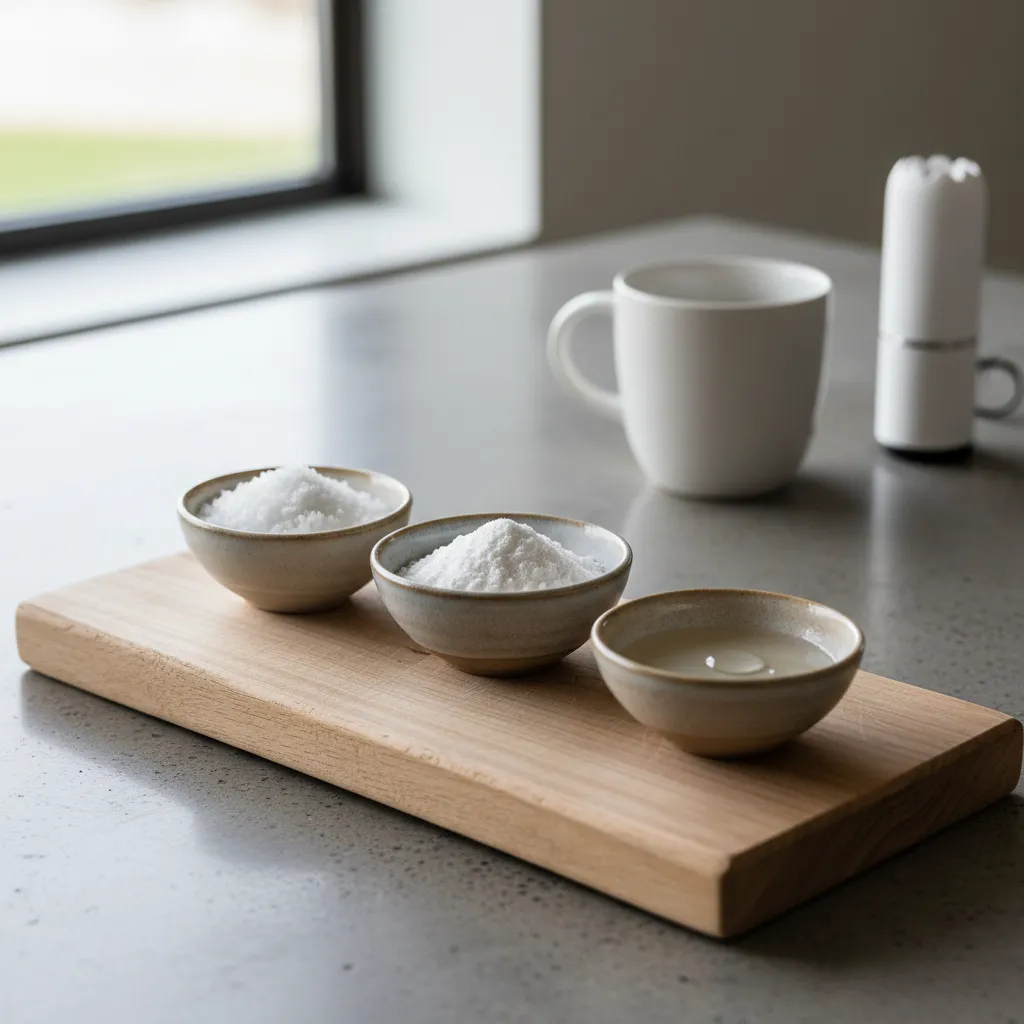 Ceramic bowls containing monk fruit and stevia sweeteners on a wooden board