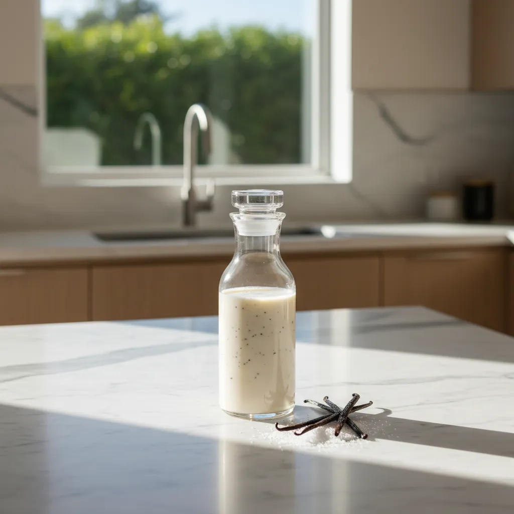 Homemade keto vanilla bean creamer in a glass bottle on a marble counter