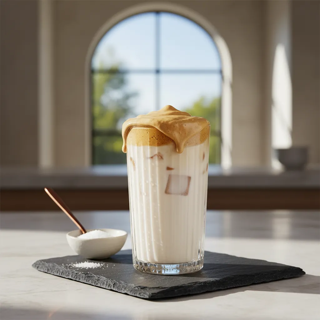 Golden keto whipped coffee foam topping on iced milk in a crystal glass