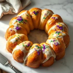 A golden-brown King Cake made with crescent rolls and decorated with traditional Mardi Gras colored sugar on a marble surface.