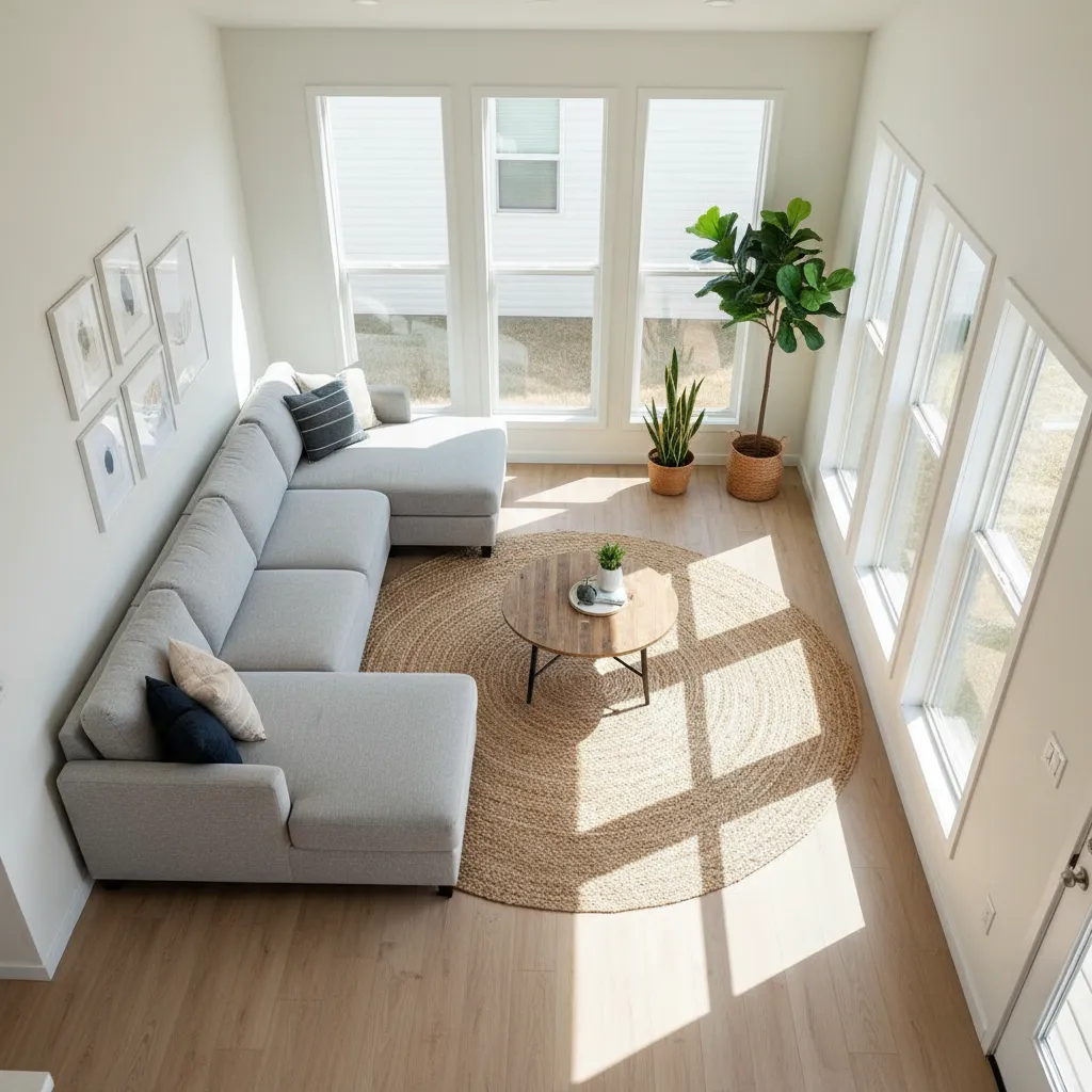 Overhead view of L-shaped sectional sofa layout in a narrow mobile home living room