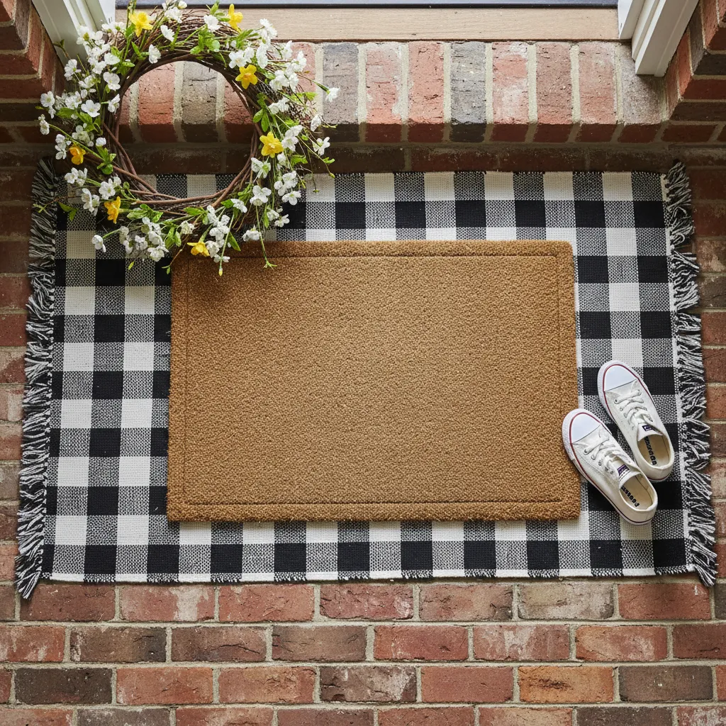Layered doormat styling with a patterned base rug and a natural coir top mat