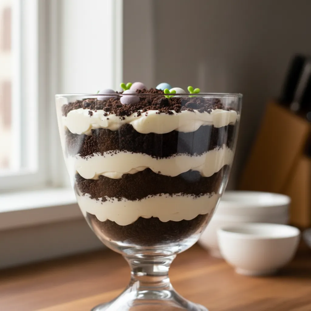 Side view of dirt cake layers showing chocolate crumbs and vanilla cream texture