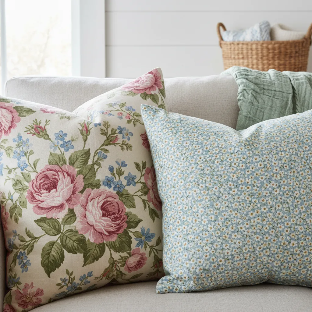 Mix of large botanical and small floral print pillows on a sage green sofa