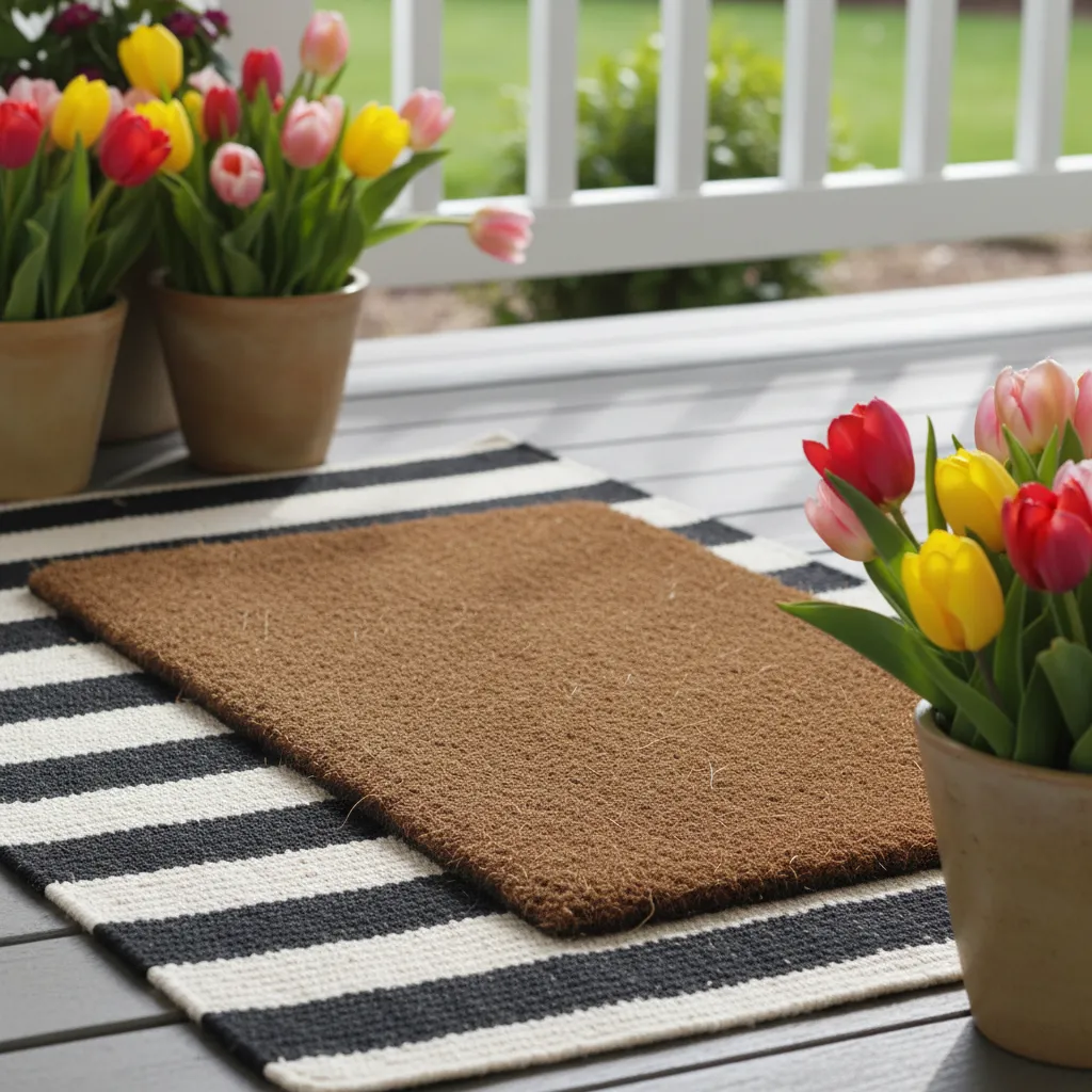 Layered doormats with striped base rug and coir top mat