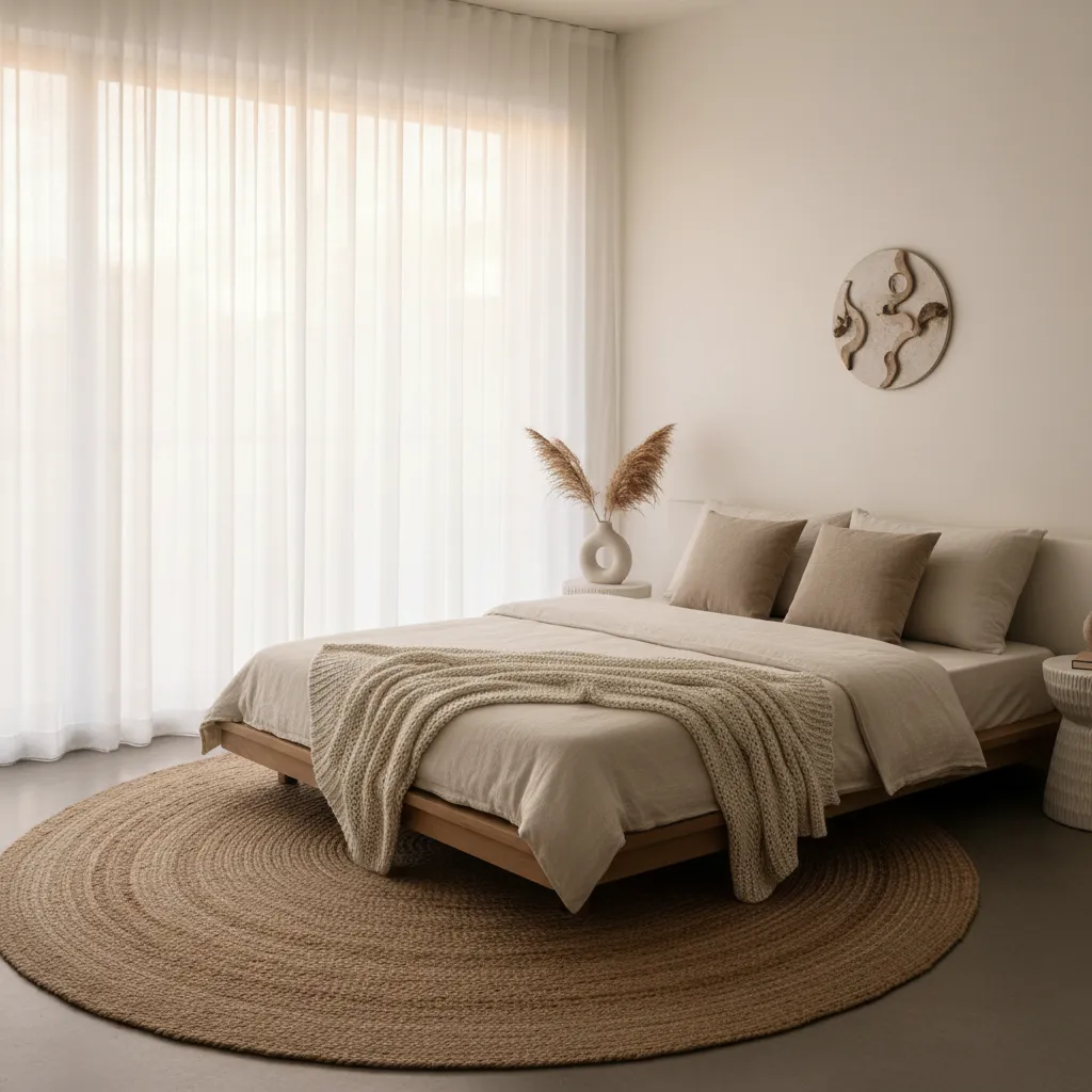 Sheer curtains and jute rug in a sunlit minimalist bedroom