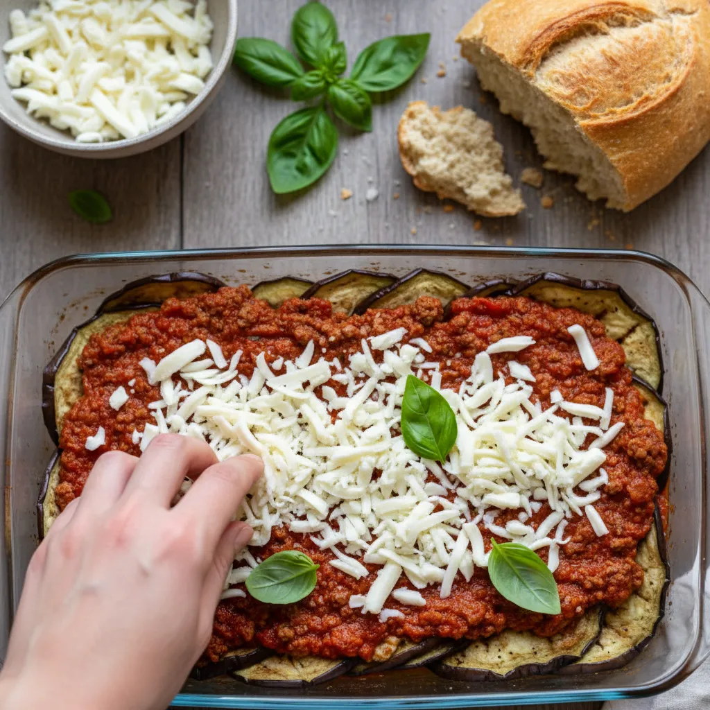 Sprinkling mozzarella cheese on eggplant lasagna layers