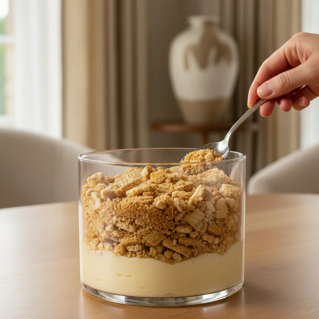 Close up of crushed vanilla wafer crumbs for sand pudding texture