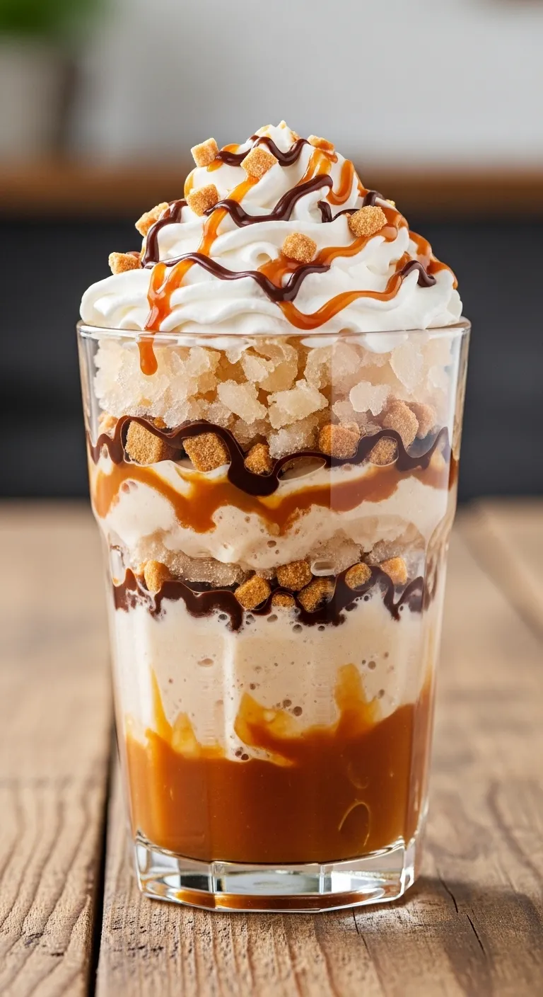 Deconstructed layers of a caramel frappuccino showing whipped cream, blended ice, and crunchy topping