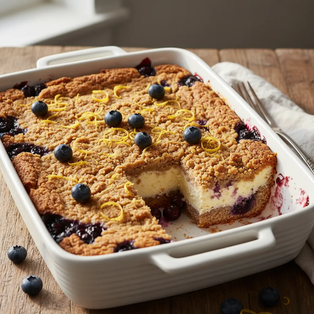 A top-down view of a lemon blueberry cheesecake dump cake showing the distinct layers of fruit compote, whipped cream cheese, and golden-brown crust.