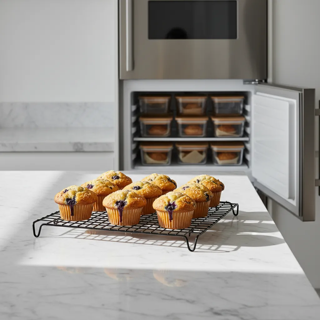 Marble kitchen counter with cooling rack and organized freezer storage for lemon blueberry muffins