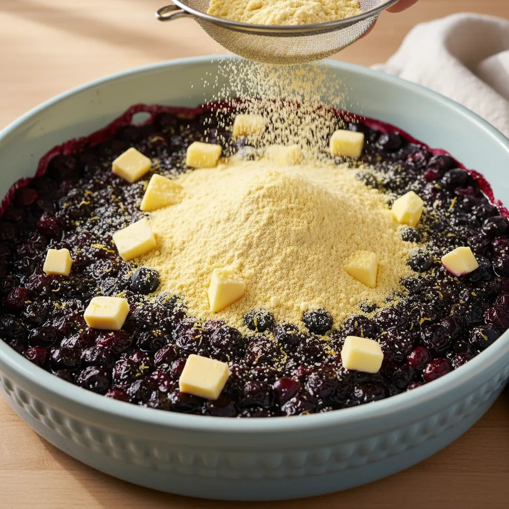 dry lemon cake mix being sprinkled over blueberry filling in ceramic dish