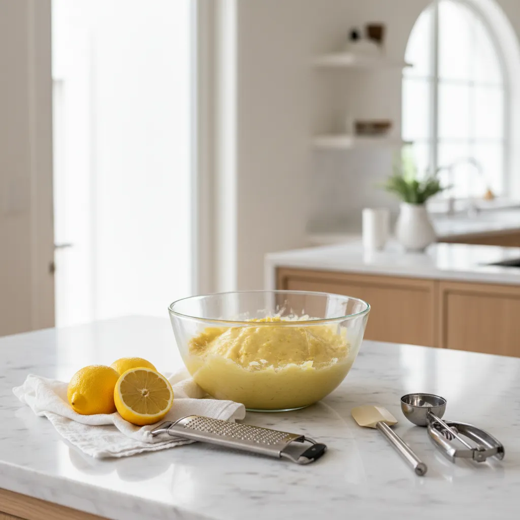 Yellow lemon cookie dough in glass bowl with zester