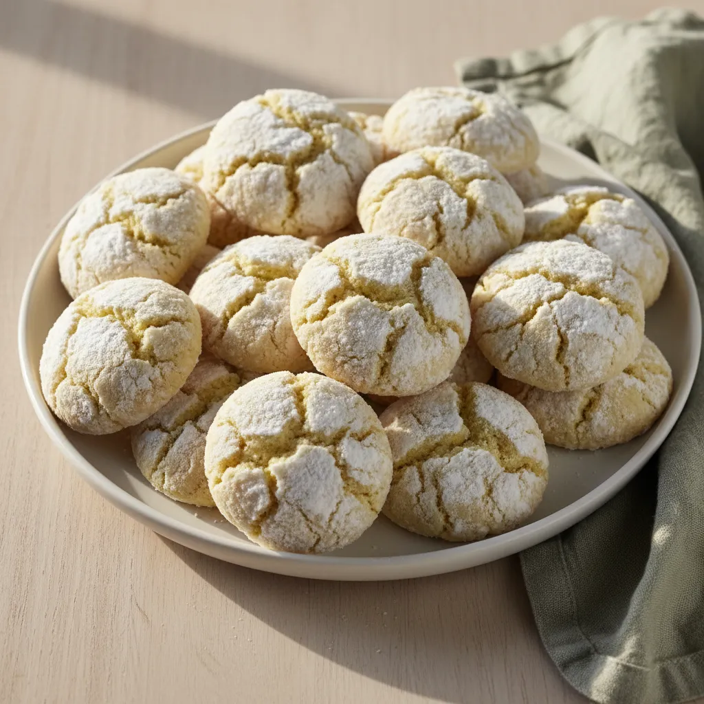 Close up texture of lemon crinkle cookies with powdered sugar