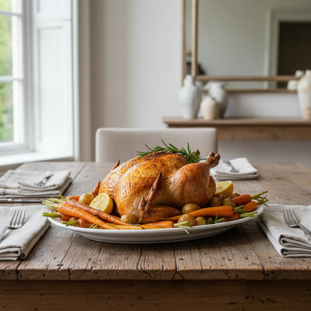 Golden brown roasted chicken with root vegetables on a ceramic platter