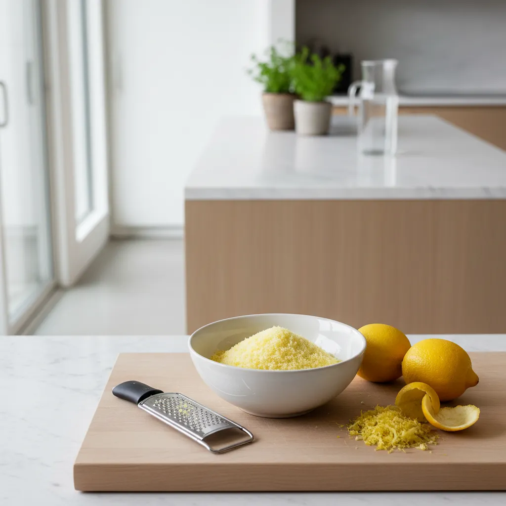 Bowl of yellow lemon-infused sugar on a kitchen counter