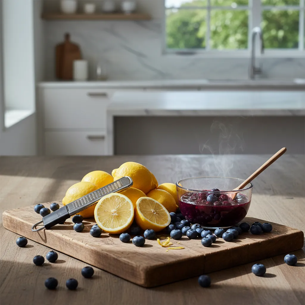 Fresh lemons and blueberries prepared for zesting on a rustic wooden cutting board