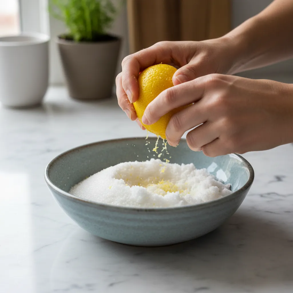 Hands rubbing lemon zest into sugar to release citrus oils for muffin baking