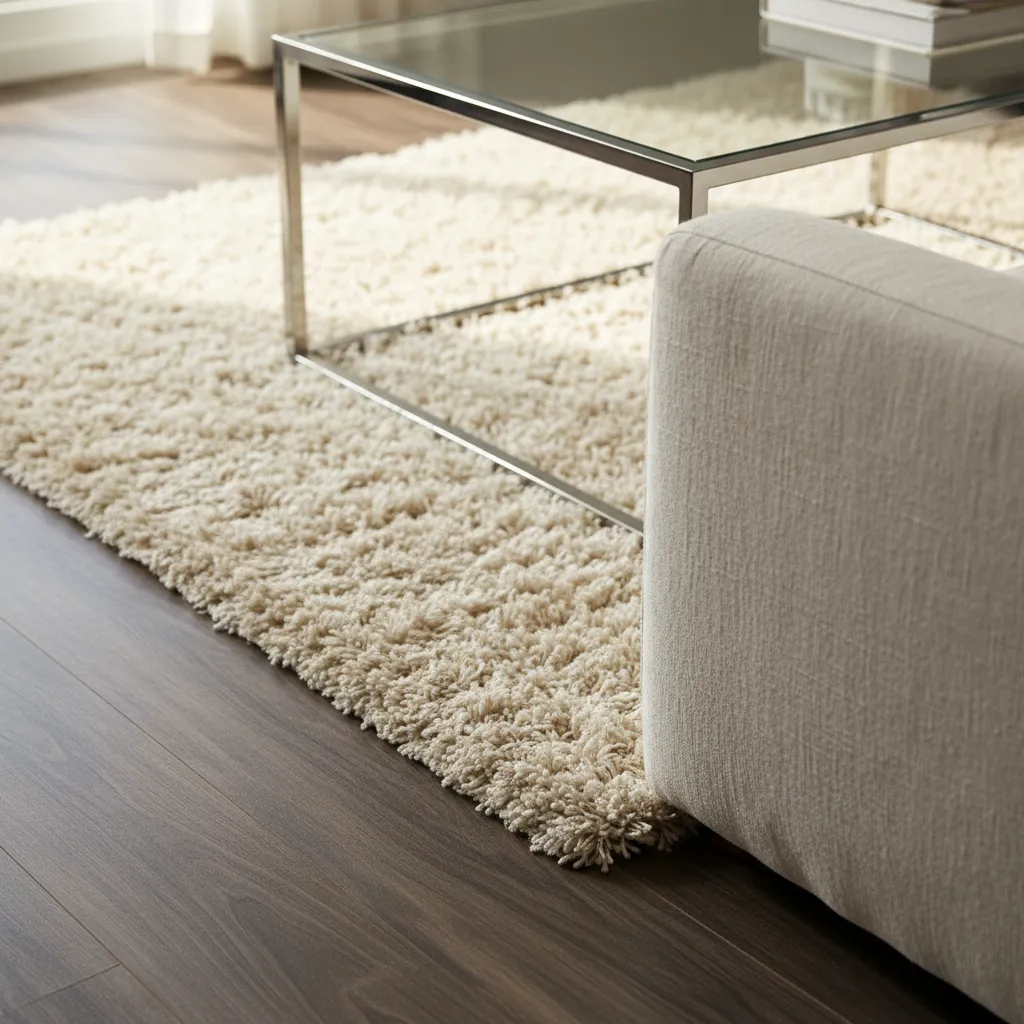 Cream rug and linen sofa textures in a dark paneled room