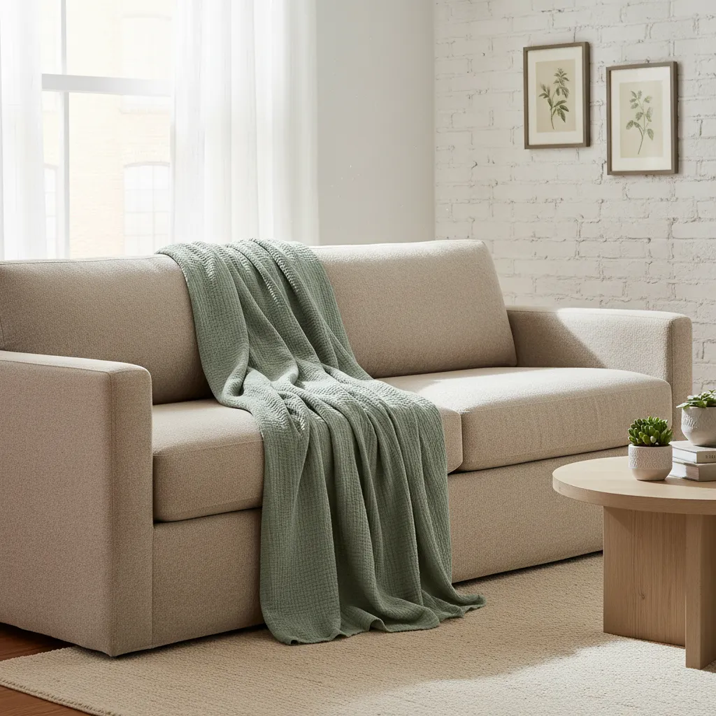 Neutral sofa with sage green linen throw blanket in sunlit room