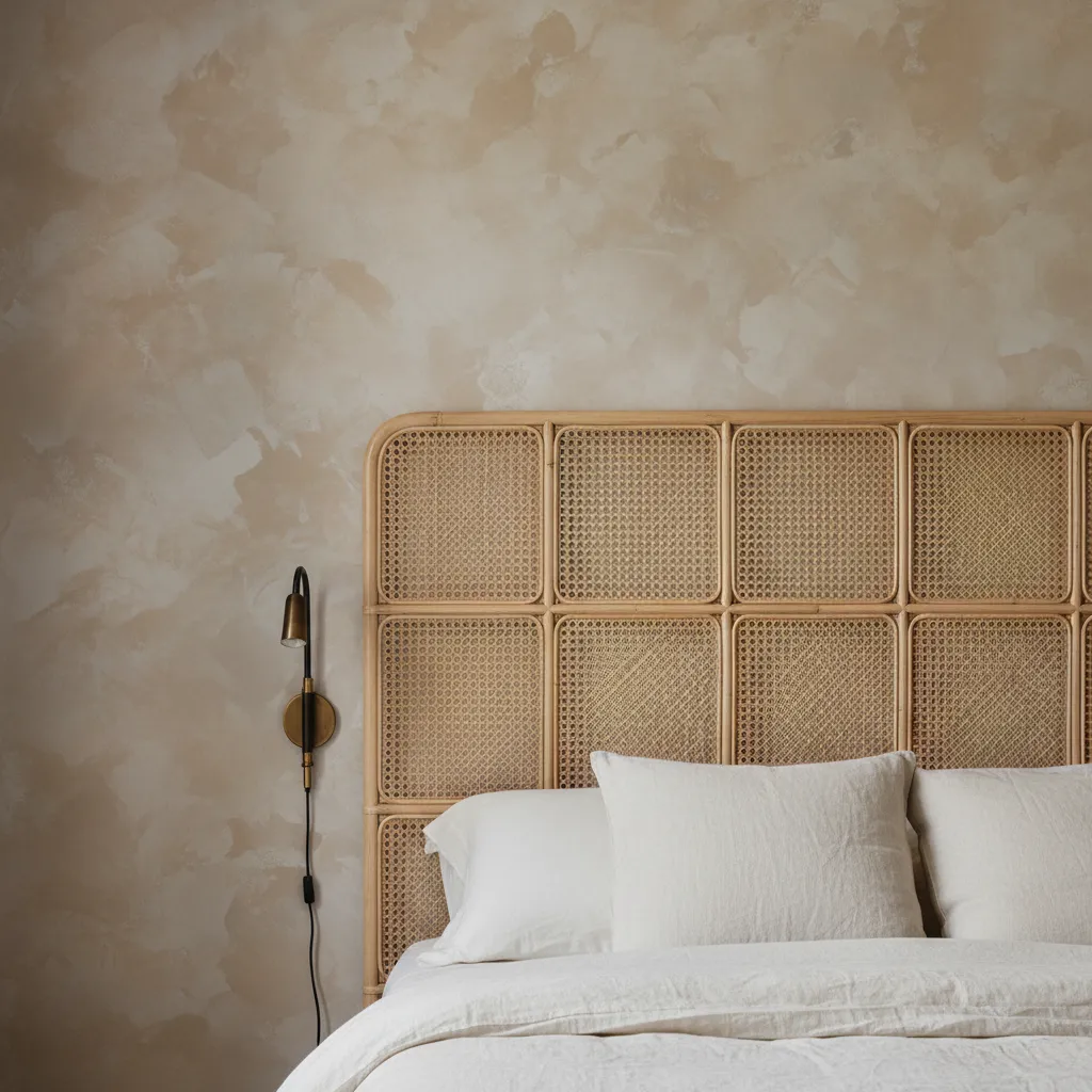 Limewash textured wall paint behind a woven cane headboard