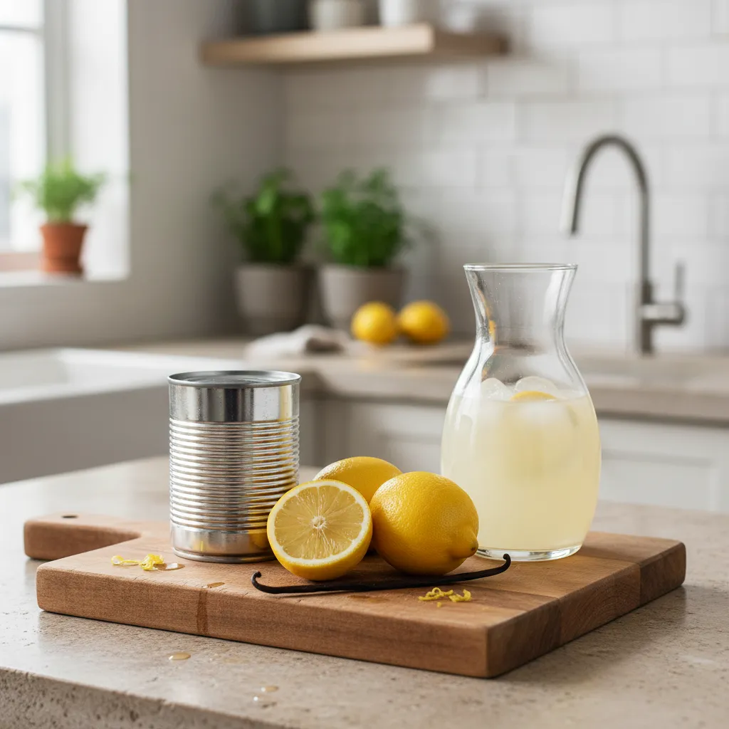 Lemons and condensed milk arranged on a wooden board