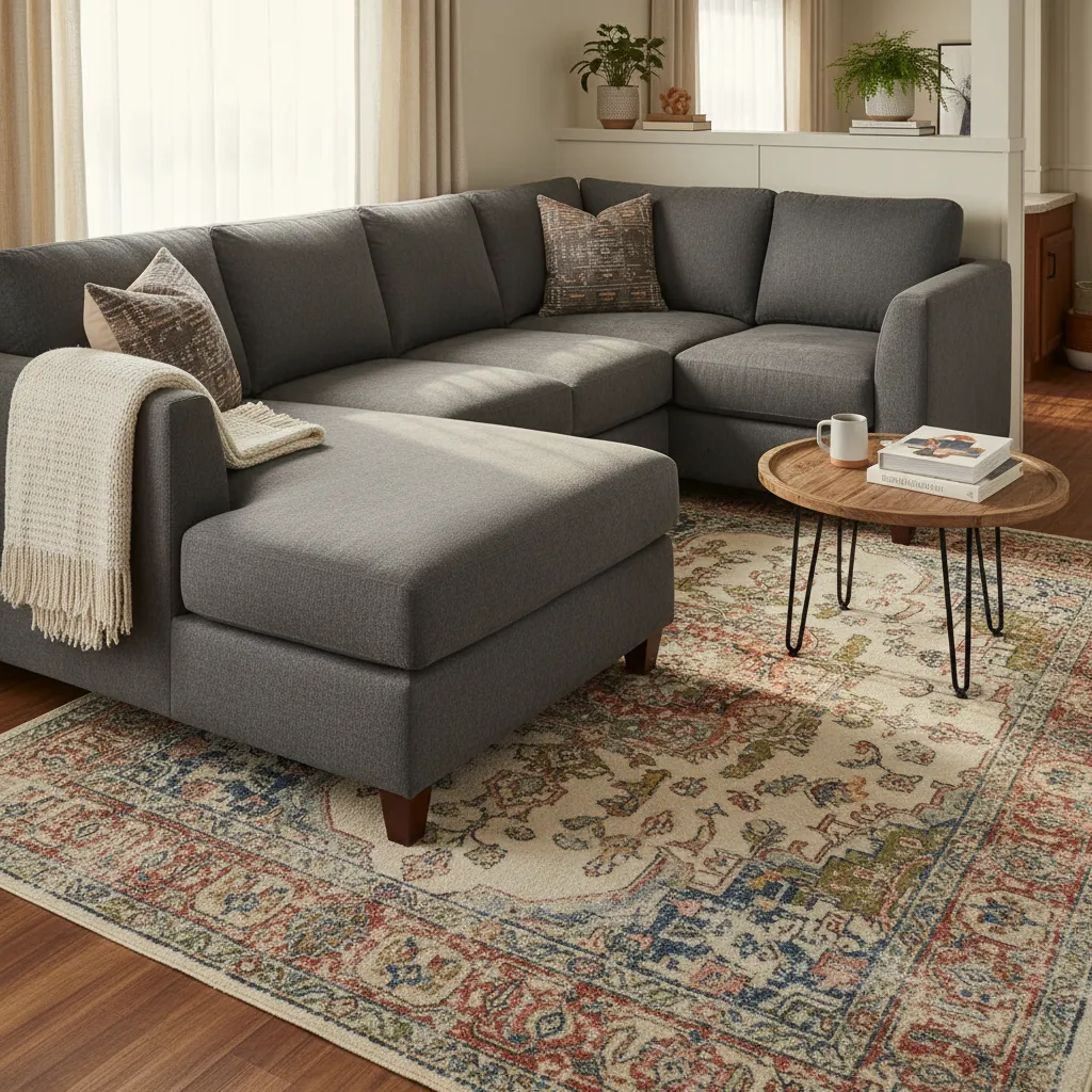 Sectional sofa anchored by a large area rug in a small trailer living room