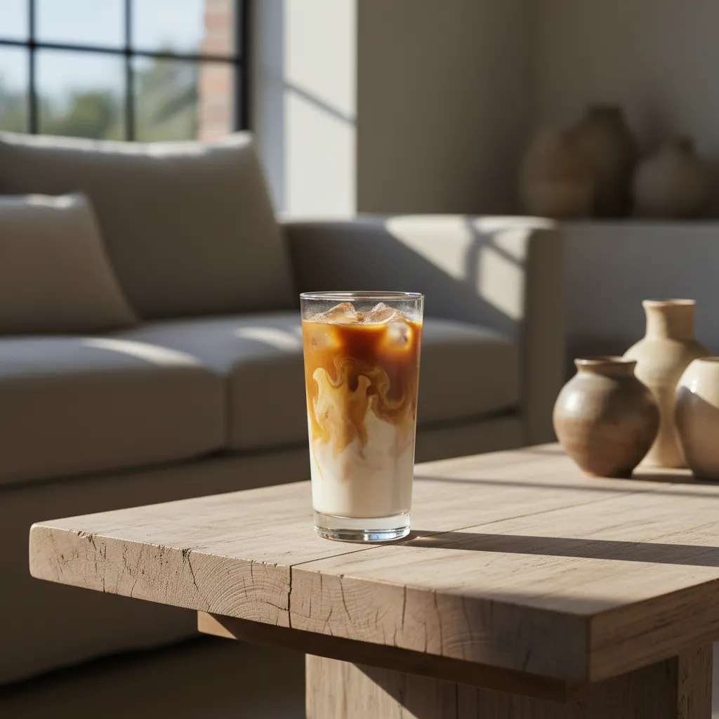 Single pump caramel swirl iced coffee with skim milk on wooden table