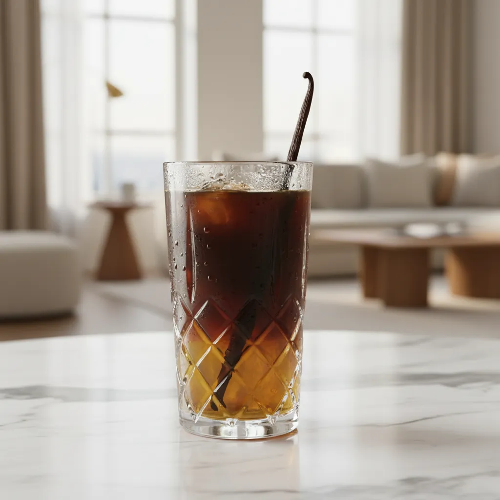 Iced Americano in a glass with vanilla bean on a marble countertop