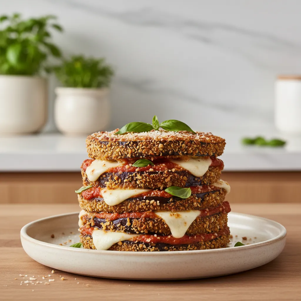 Golden brown almond flour eggplant stack on a ceramic plate