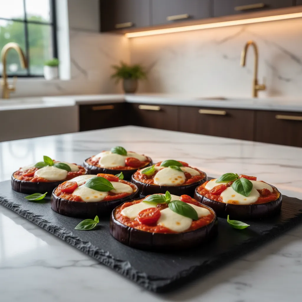 Roasted eggplant rounds topped with cheese and basil on a slate platter