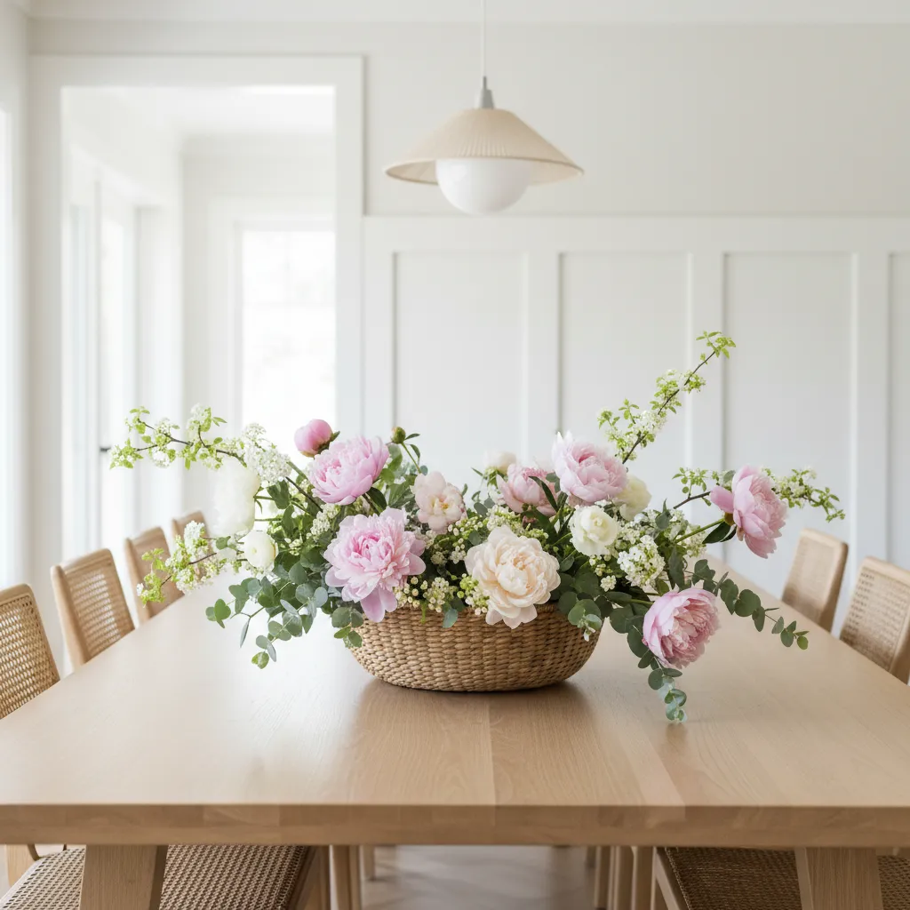 Low profile peony and eucalyptus arrangement on a dining table