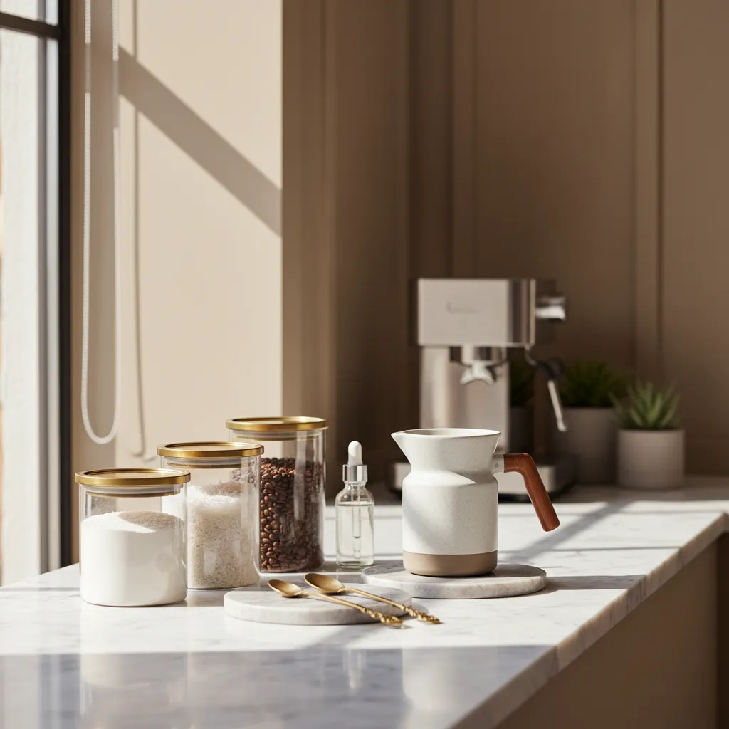 A luxury coffee station with marble and brass accessories