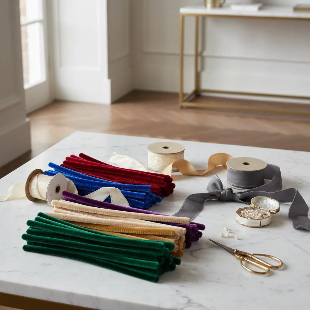 Velvet stems and silk ribbons on a marble workspace