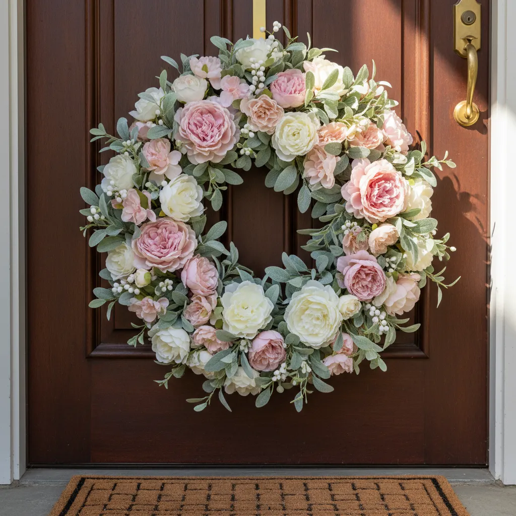 Elegant spring wreath with silk flowers on wooden door