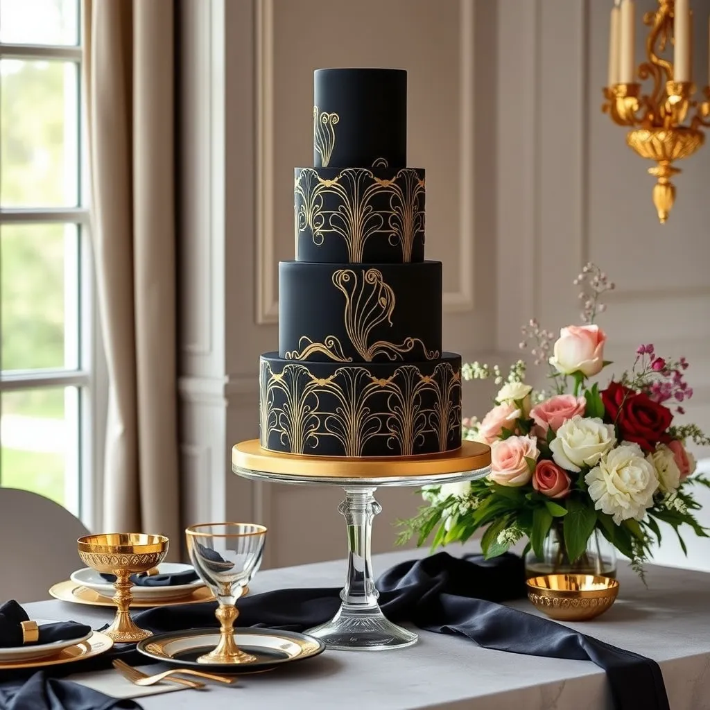 Tiered black and gold cake on a glass stand with elegant table settings