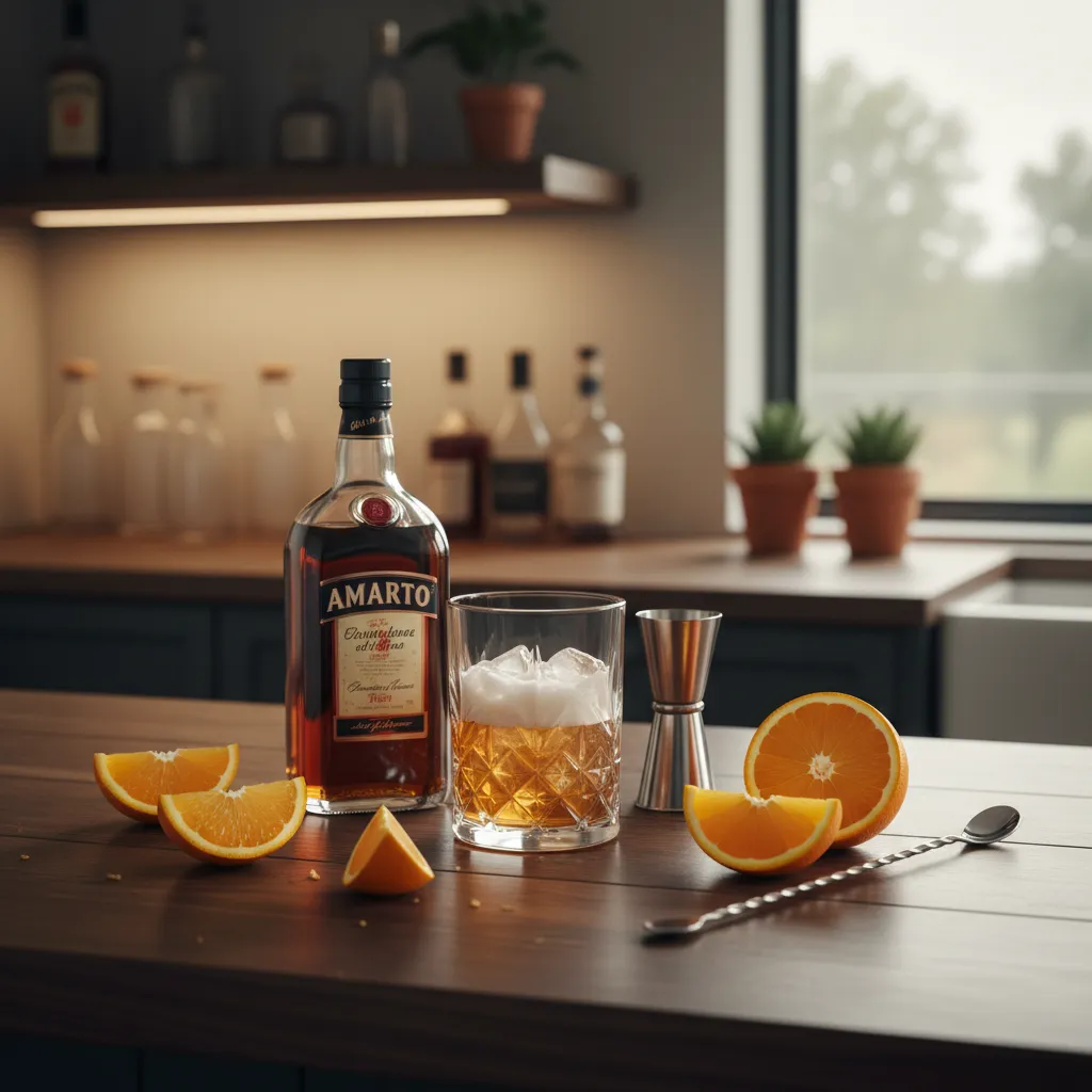 Dark walnut bar counter with crystal glassware, amaretto bottle, and fresh orange slices under warm lighting