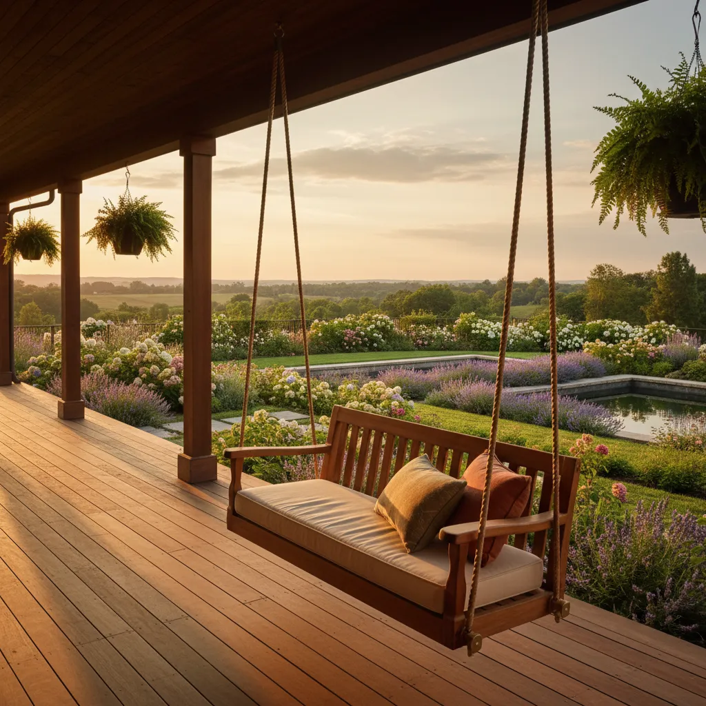 Wooden outdoor swing suspended by ropes overlooking a terraced garden during golden hour