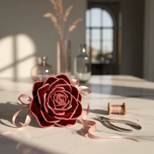 Close-up of a luxury handcrafted velvet pipe cleaner rose on a marble surface with silk ribbon and crafting tools.