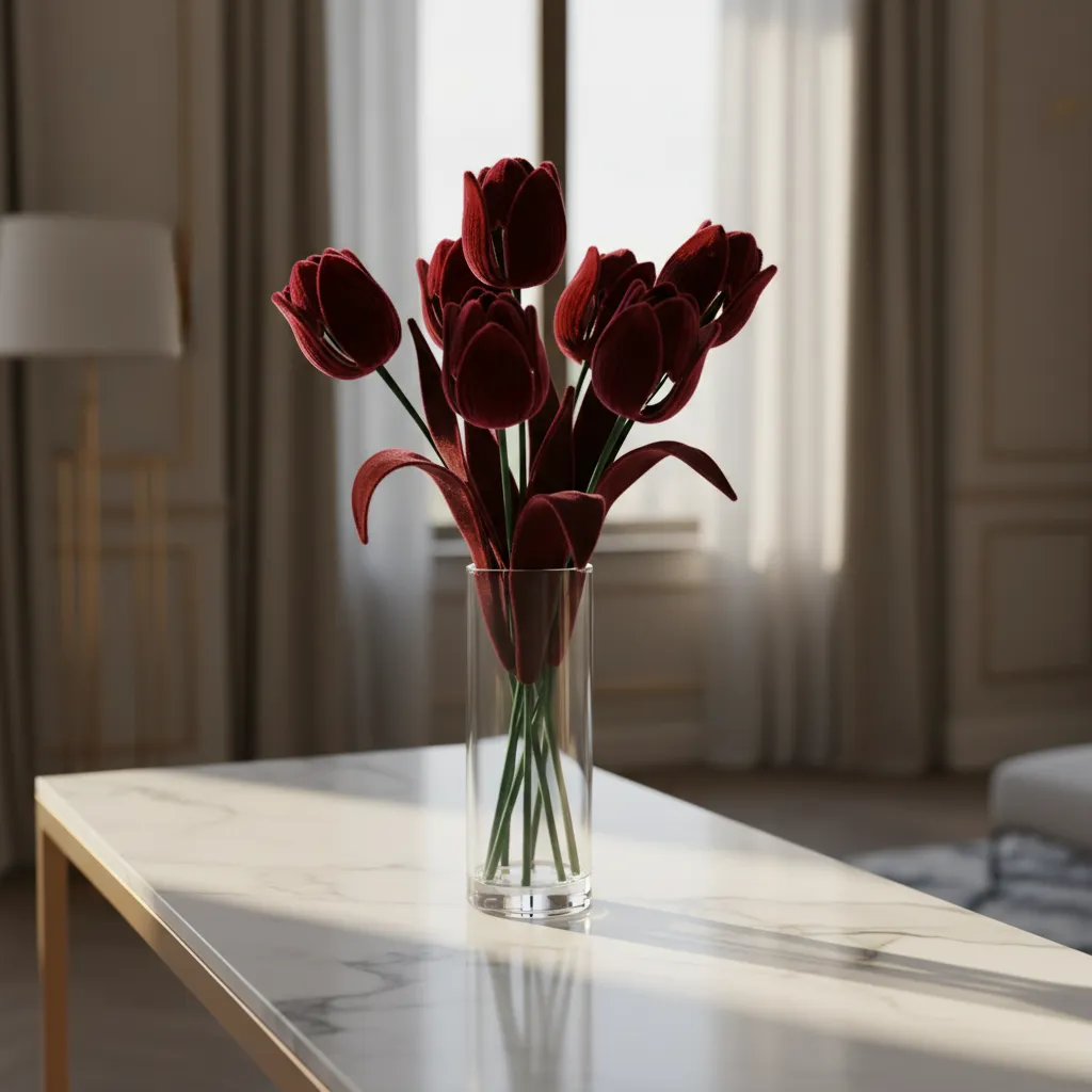 Handcrafted velvet pipe cleaner tulips in a modern luxury home setting