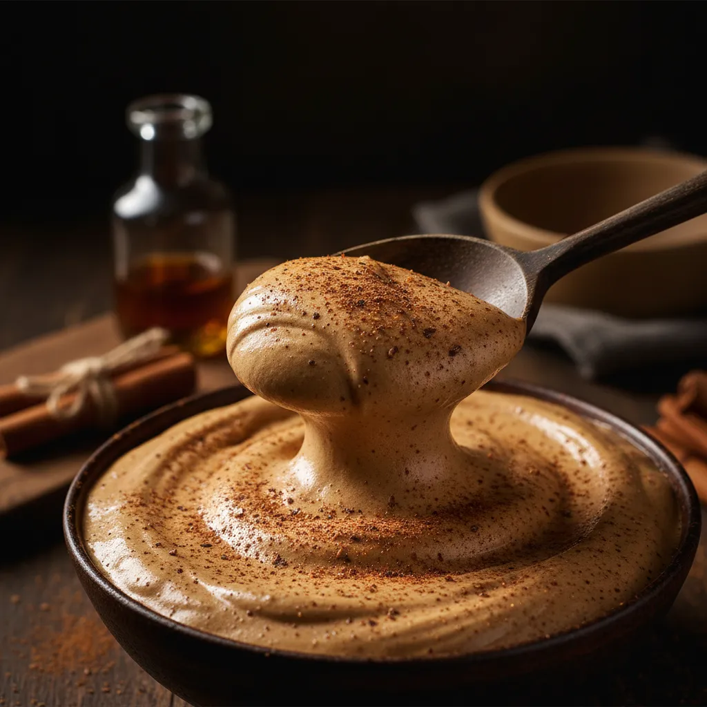 Close up detail of whipped coffee foam texture with cinnamon spice speckles