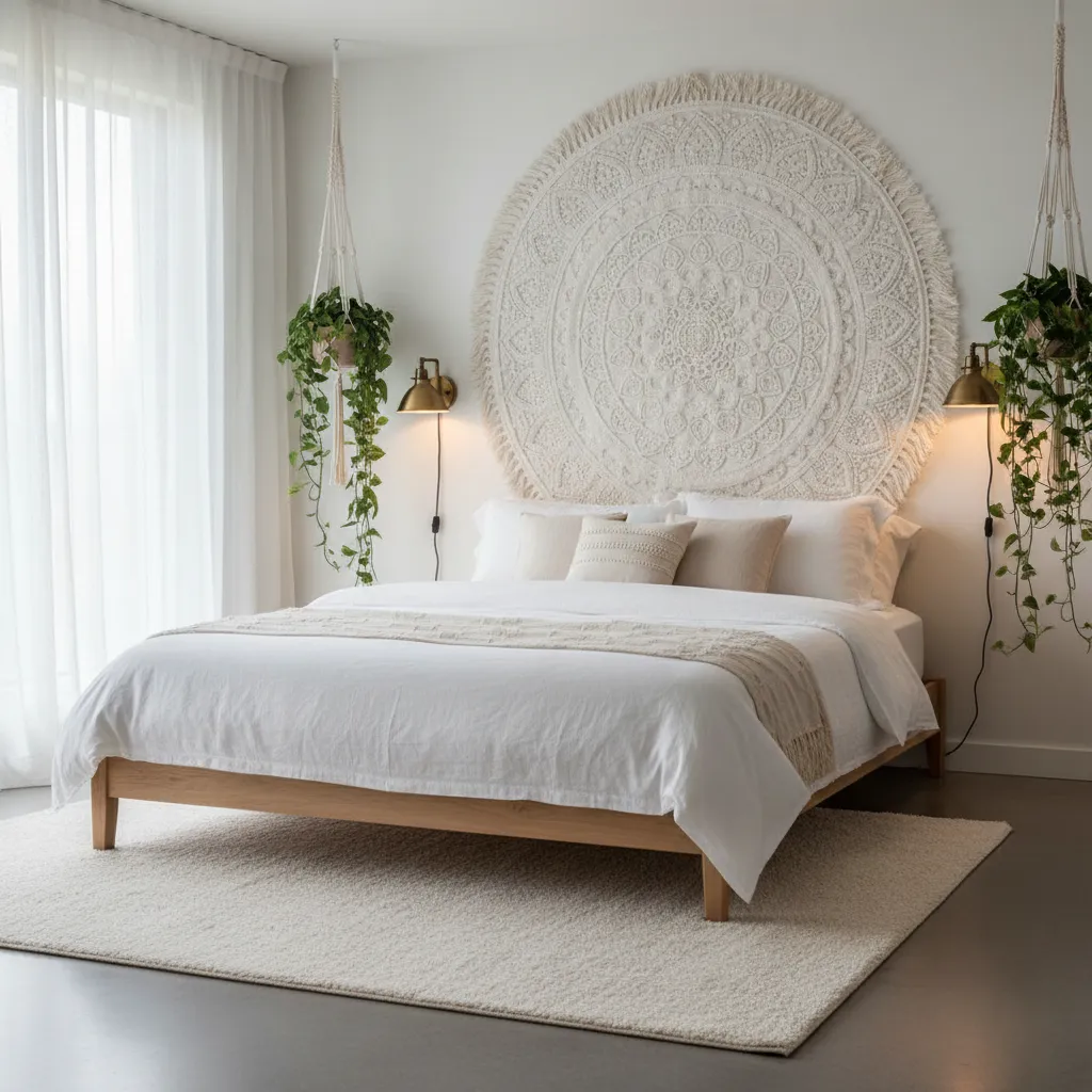 White and gold mandala tapestry hanging above a bed acting as a creative headboard alternative